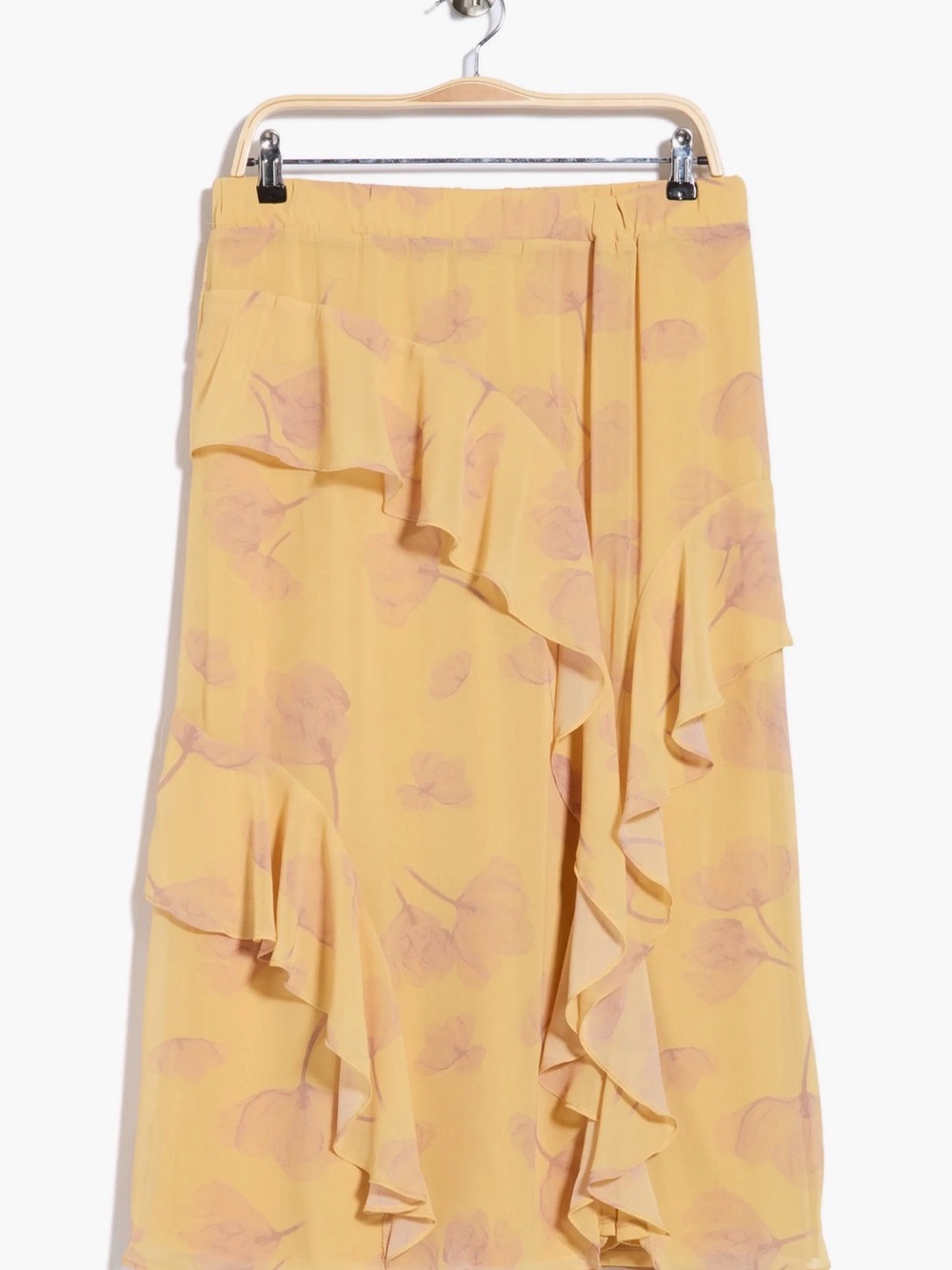 Nicole Miller Yellow Midi Skirt with Pink Floral Ruffle Detail
